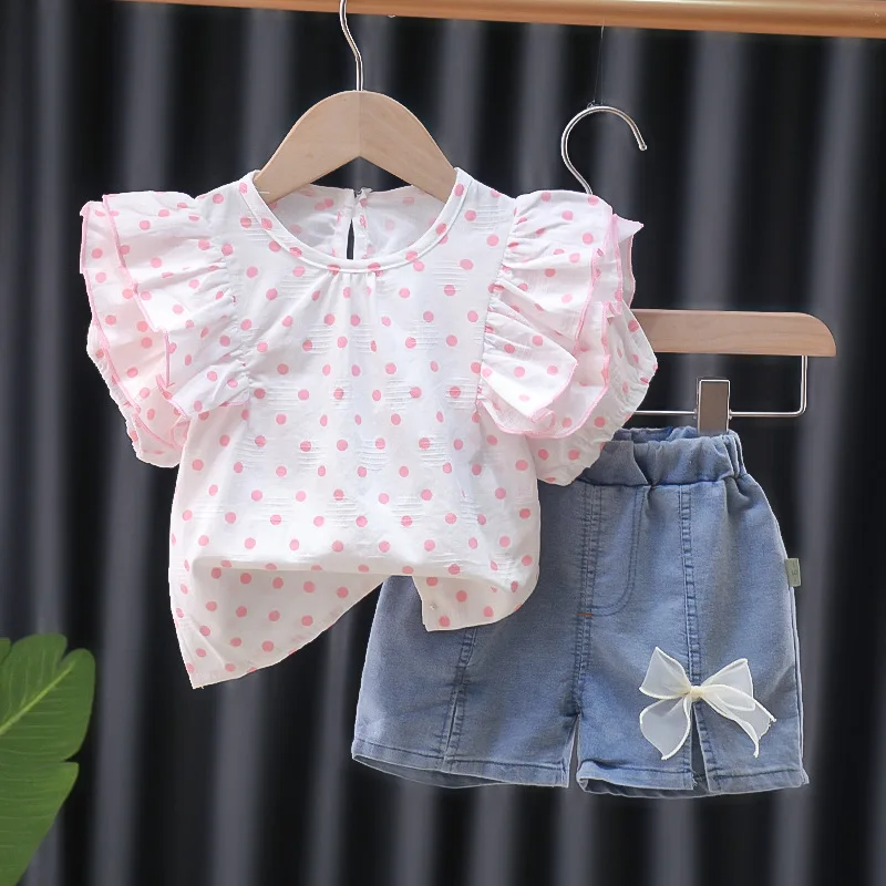 0-4 years Girls Clothes Sets Summer Baby Girl Cotton Polka-dot flounces T-Shirt + Quality Denim Shorts 2-Piece Set