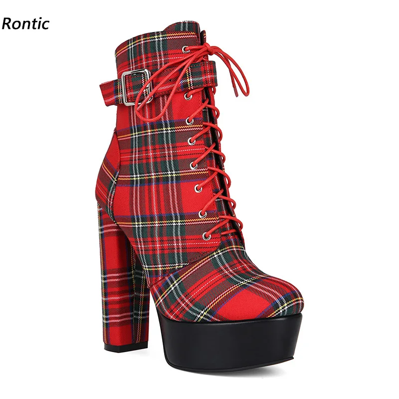 Rontic Ladies Scottish Plaid Ankle Boots, Lace Up Buckle Strap Platform Block Heel Booties, Vintage Punk Cosplay Party Boots