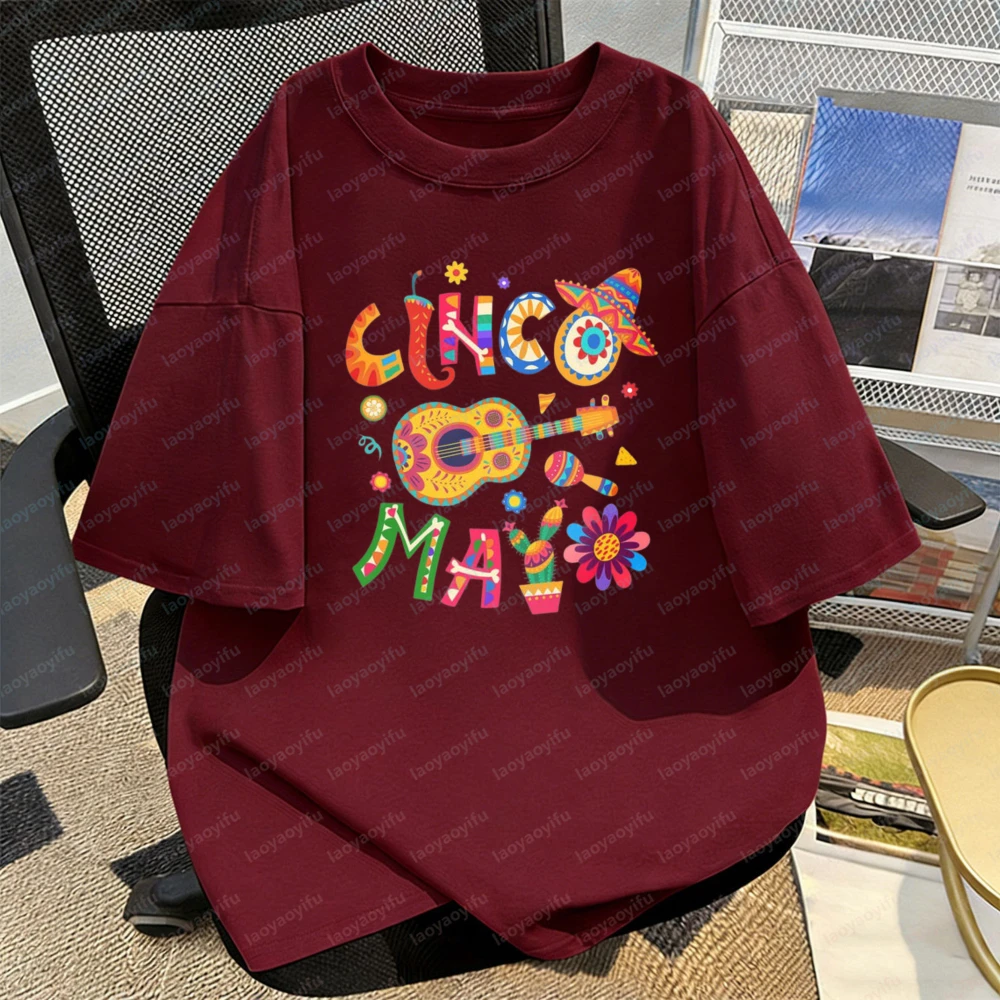 Happy Cinco De Mayo Tee Colorful Guitar Statement Unisex Cotton Shirt Mexican Festival Streetwear Party Funny Clothes for Women