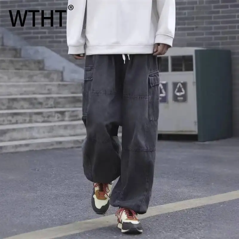 

WTHT Fashion Men's Spliced Pockets Gradient Wash Denim Pants Vintage Straight Wide Leg Jeans Male 2026 Summer 2A2866