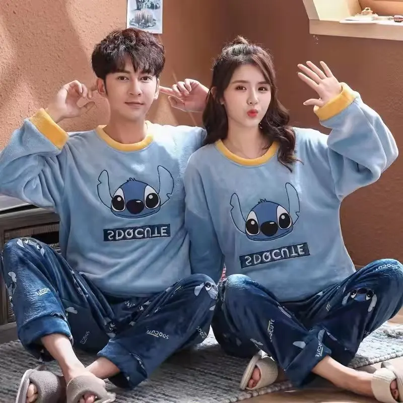 

Kawaii Disney Winter Couple Velvet Pajamas Set New Anime Cartoon Men's/women's Fashion Casual Pajama Plush Crew Neck Homewear