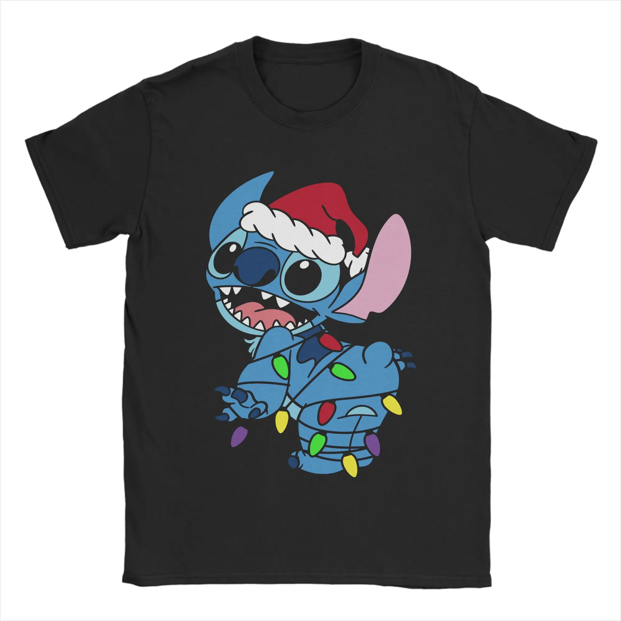 Camisetas navideñas de dibujos animados de Lilo y Stitch para hombre, camisetas de algodón, camisetas únicas de manga corta con cuello redondo, camisetas de talla grande