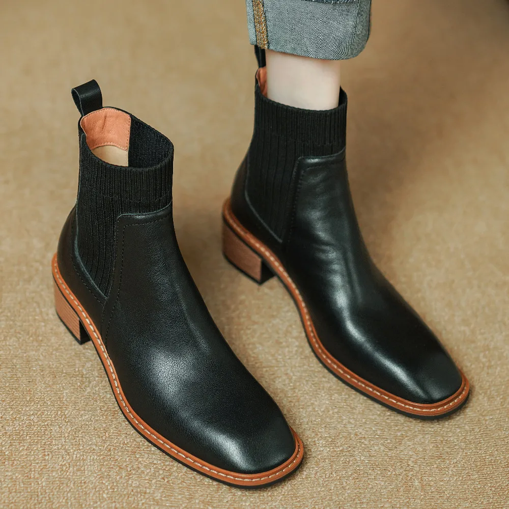 

Women's cow leather stretch knit patchwork slip-on flats autumn ankle boots square toe casual female high quality short booties