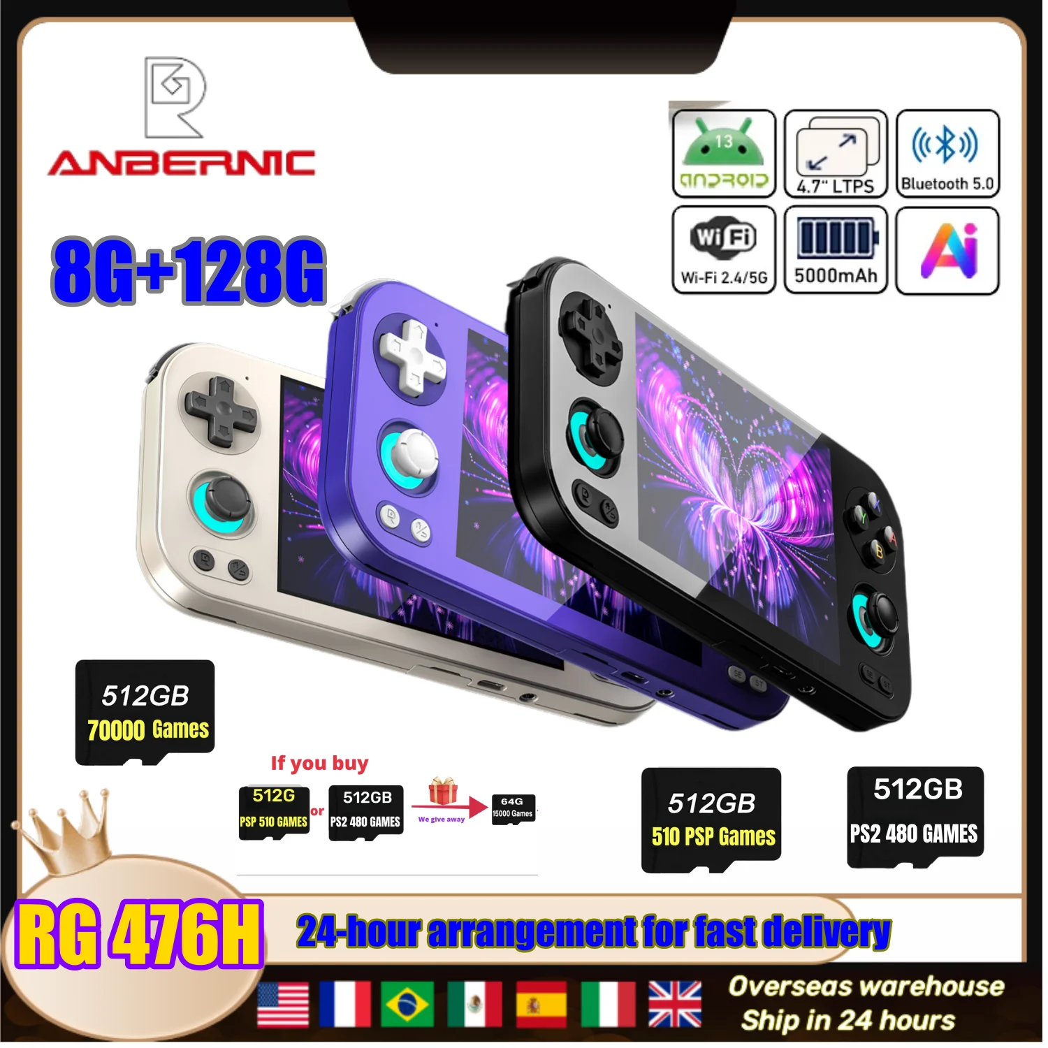 ANBERNIC RG476H Retro Handheld Game Video Player Console 4.7-inch LTPS In-Cell Bluetooth 8G+128G Android 13 512G PSP PS2 RG 476H
