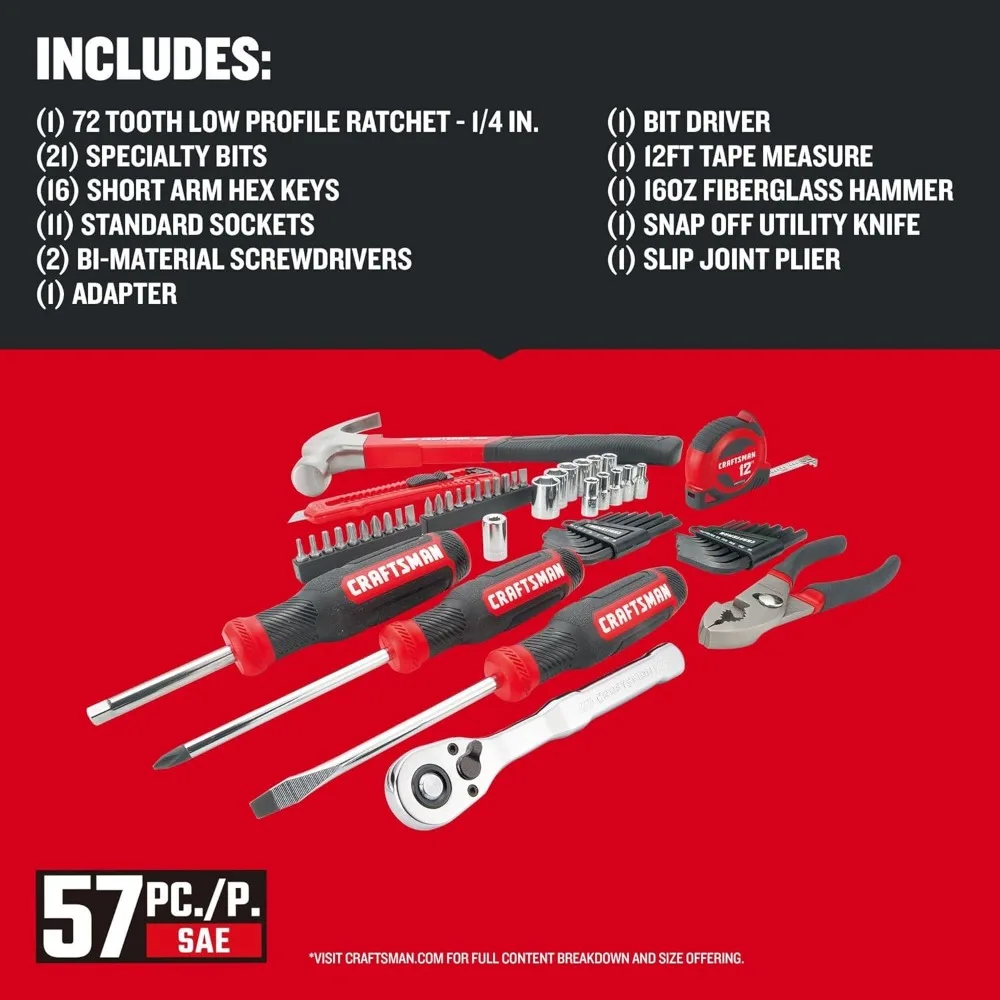 57-Piece Mechanics Tool Set with Sockets, Ratchet, Screwdrivers, Hammer, Pliers for Home and Auto Repair