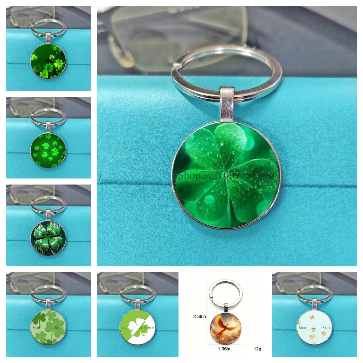 Light green background, dark green leaves, lucky grass pattern, small sisters can use the same key chain pendant with diy design