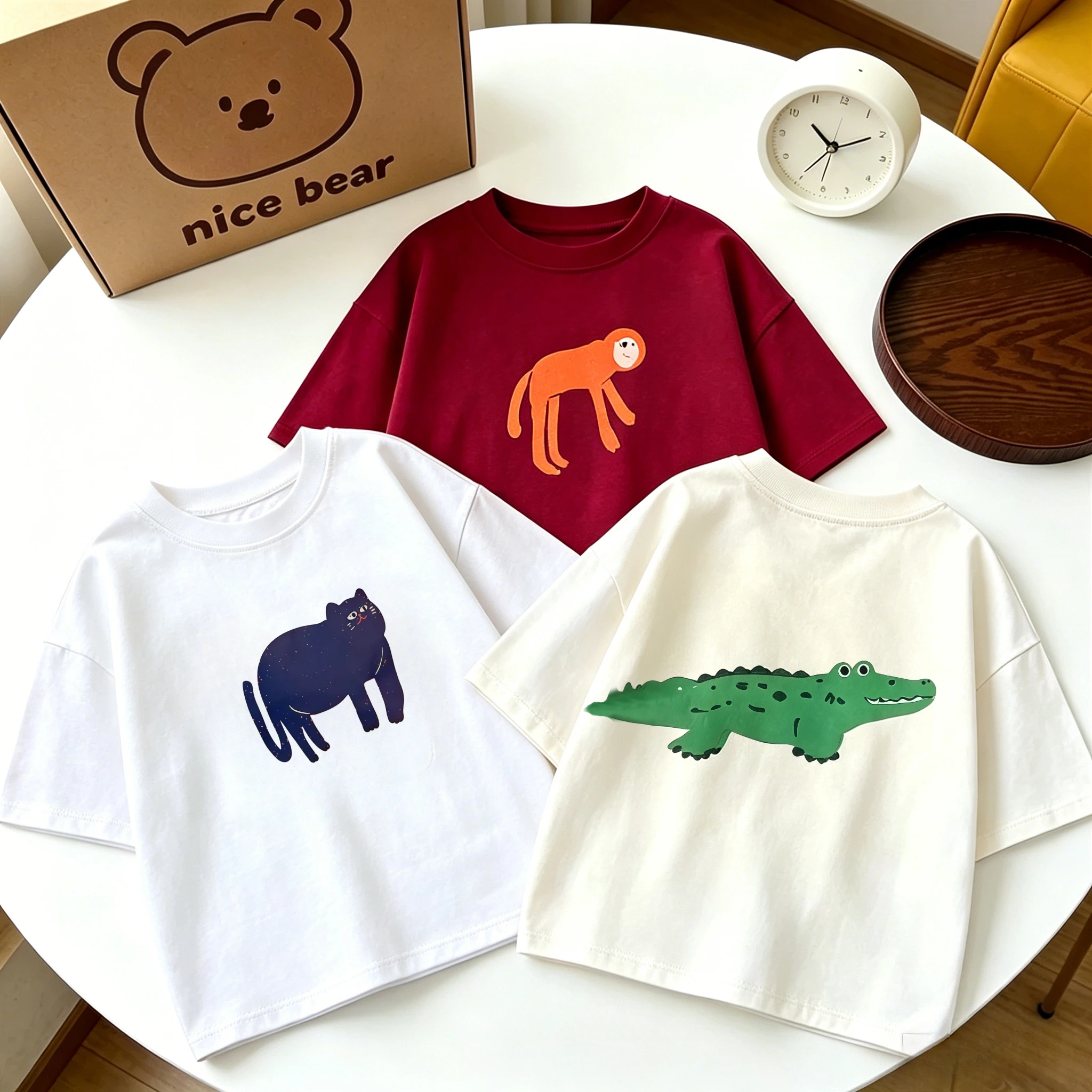 100% Cotton Children's T-shirt with Cute Animal Patterns - Spring and Summer - Comfortable and Breathable Boys' and Girls' Tops
