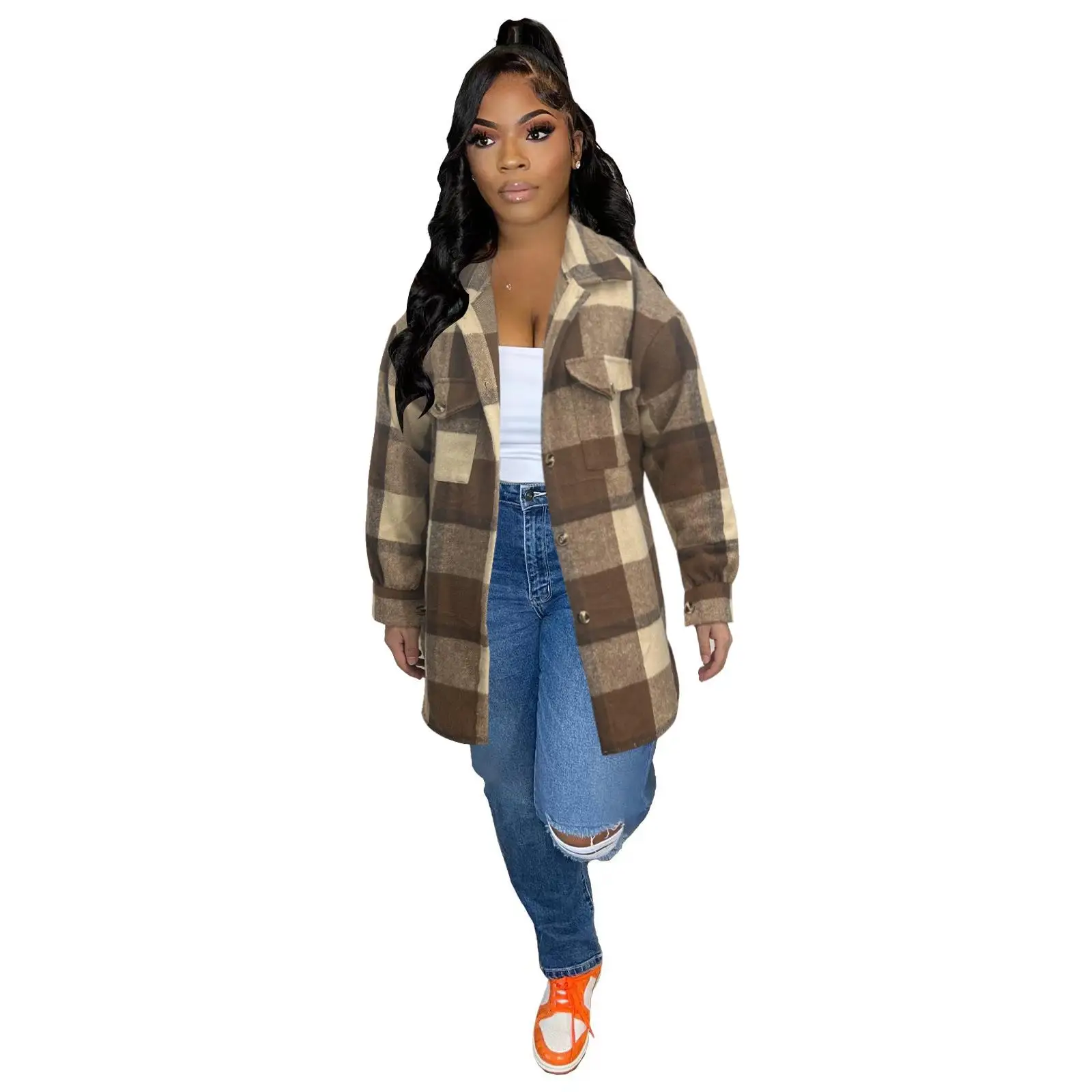 

Women's Plaid irt Woolen Jaet Long Sve Winter Faion Ladies' Premium Quali Polyester Fiber Striped Patterned Coat