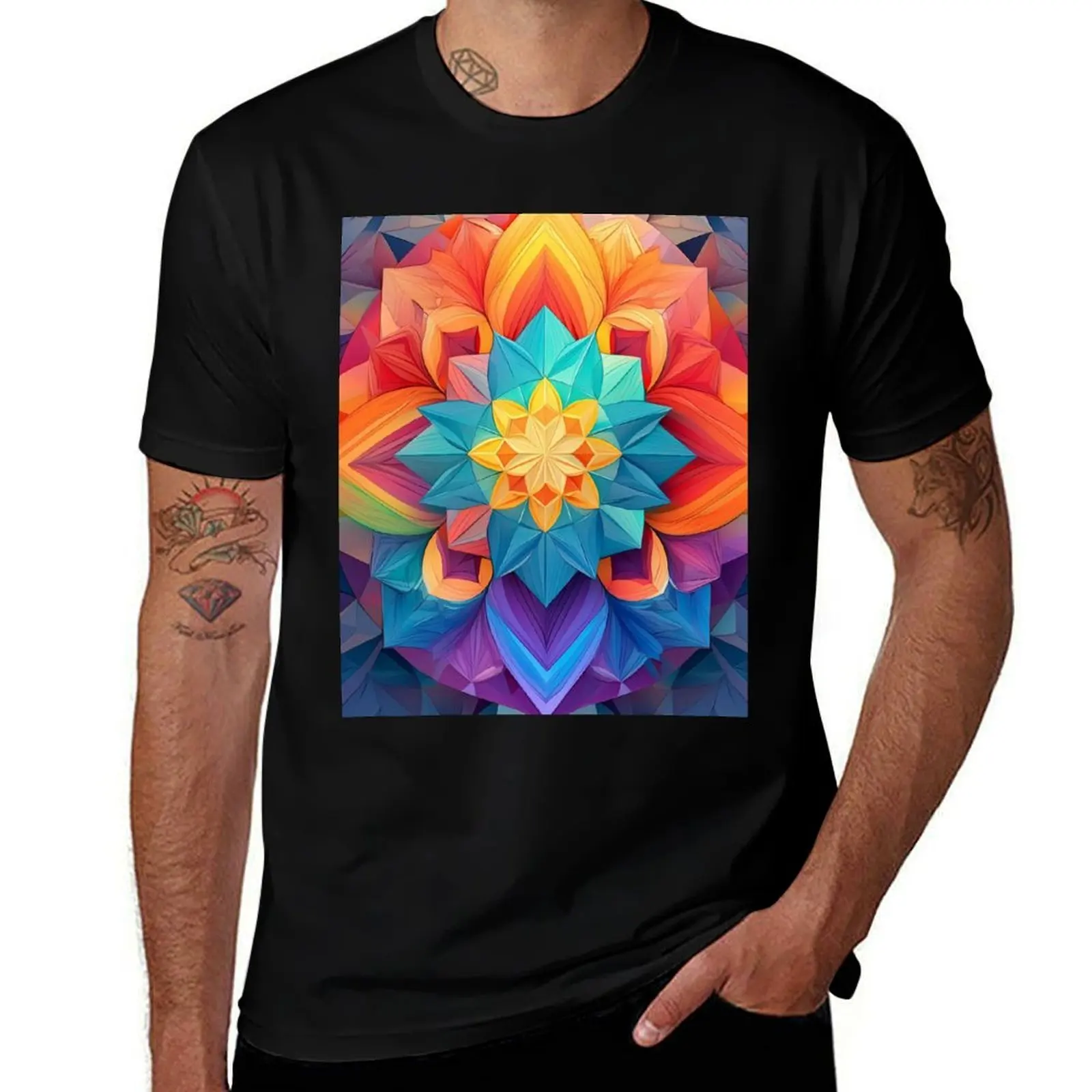 

Beautiful and heavenly mandala art, kaleidoscope of bright rainbow, origami T-Shirt graphic shirts compression shirt men