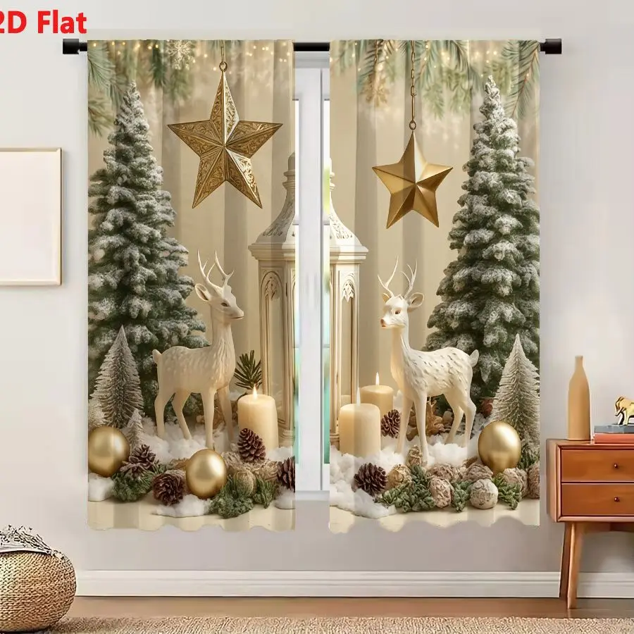2Pcs Curtains Add 2D Flat Festive White Deer Figurines With Ornate Lantern And Gold Christmas Ornaments Window Drapes for Bedroo