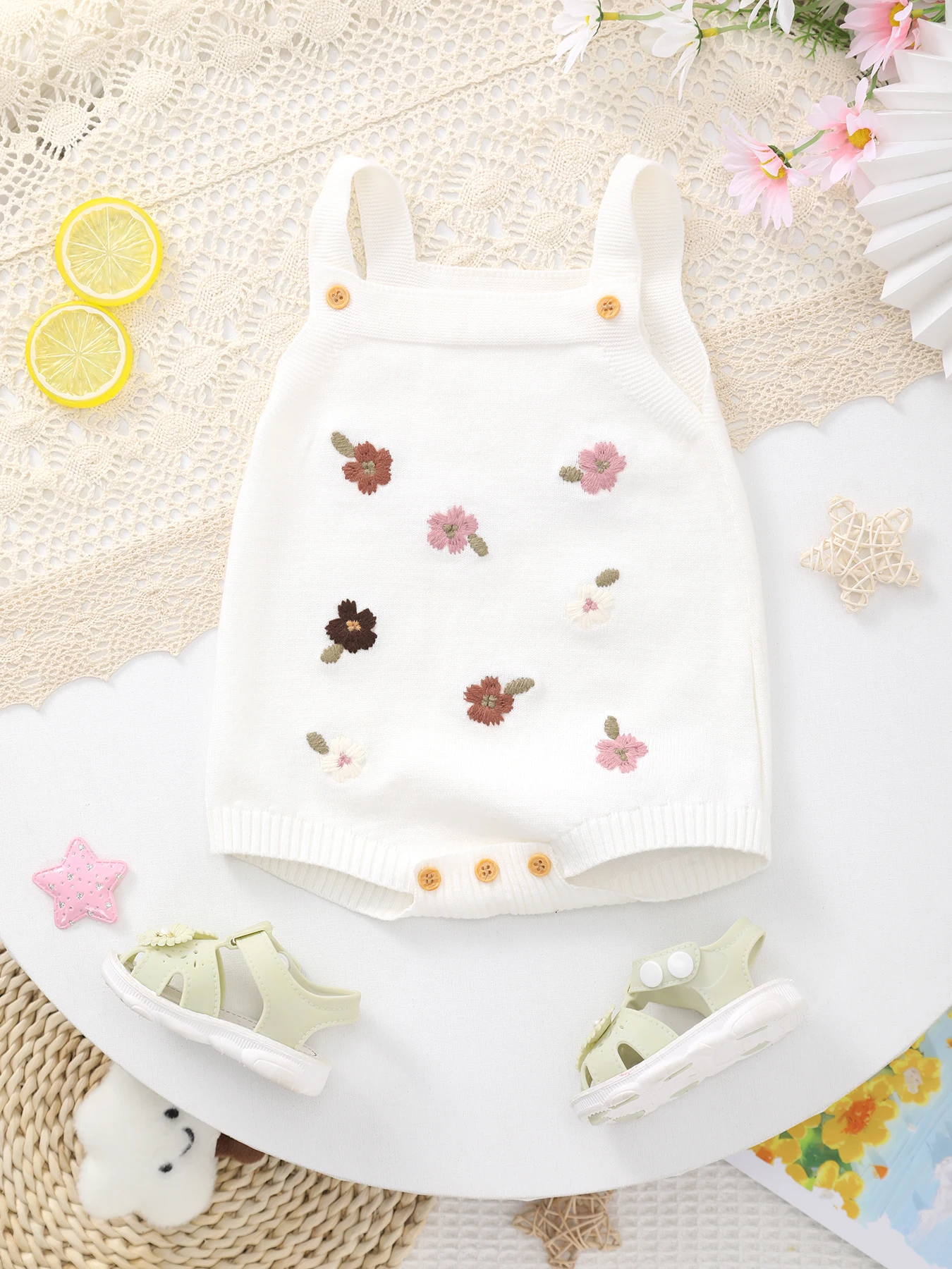 Baby Summer Clothes, Girls' Knitted Suspender Jumpsuit, Newborn Stylish Floral Embroidered Romper