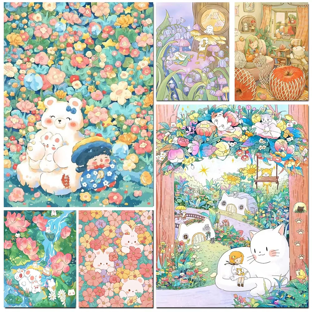 Digital Oil Painting By Numbers Kawaii Floral Landscape White Bear Cat Rabbit Hand Painted Canvas Painting, Unframed