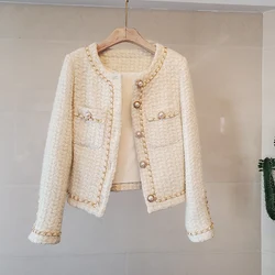 2025 Luxury New Arrival Fall Winter Ssweet Tweed Chain Design Jacket Women's Woolen Coats Elegant Slim Casual Outerwear Top