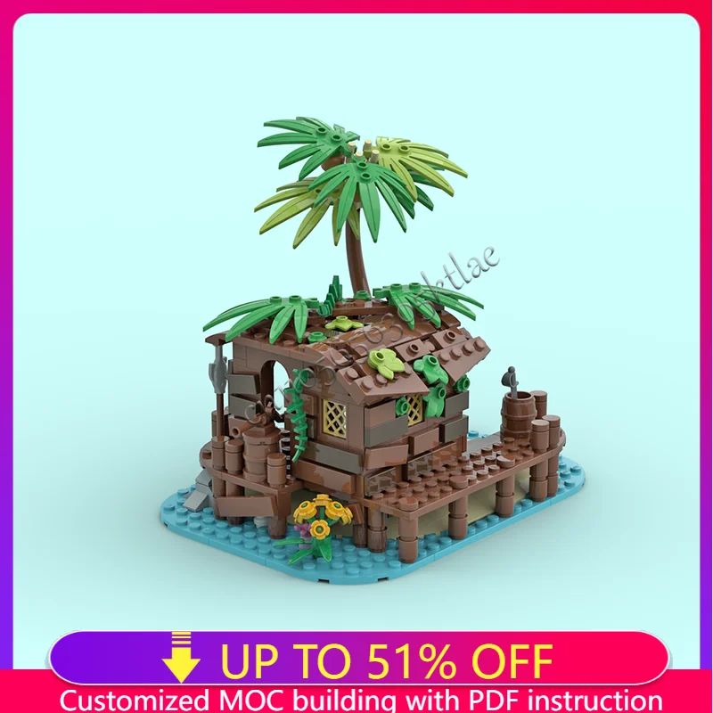 368개 부품 해적 창고 블록 세트 열대 스타일 건축 모델 디테일 장식 장난감 어린이 조립 선물