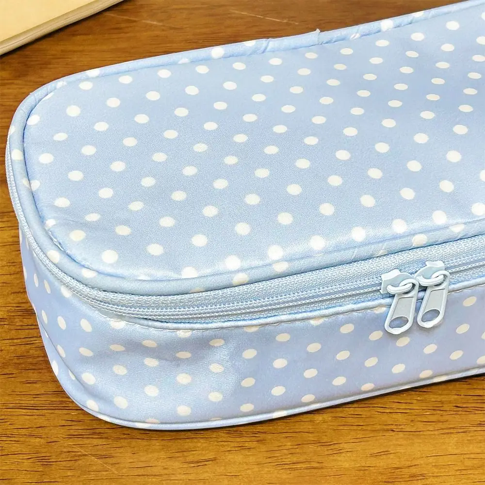 Multifunctional Plaid/Polka Dot Patterns Storage Bag Portable Large Capacity Pencil Case Double Zipper Pencil Pouch
