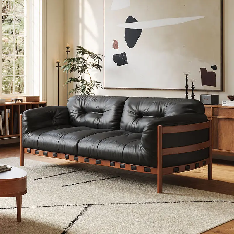 

Medieval style sofa, small apartment solid wood leather living room straight row sofa, American retro style black