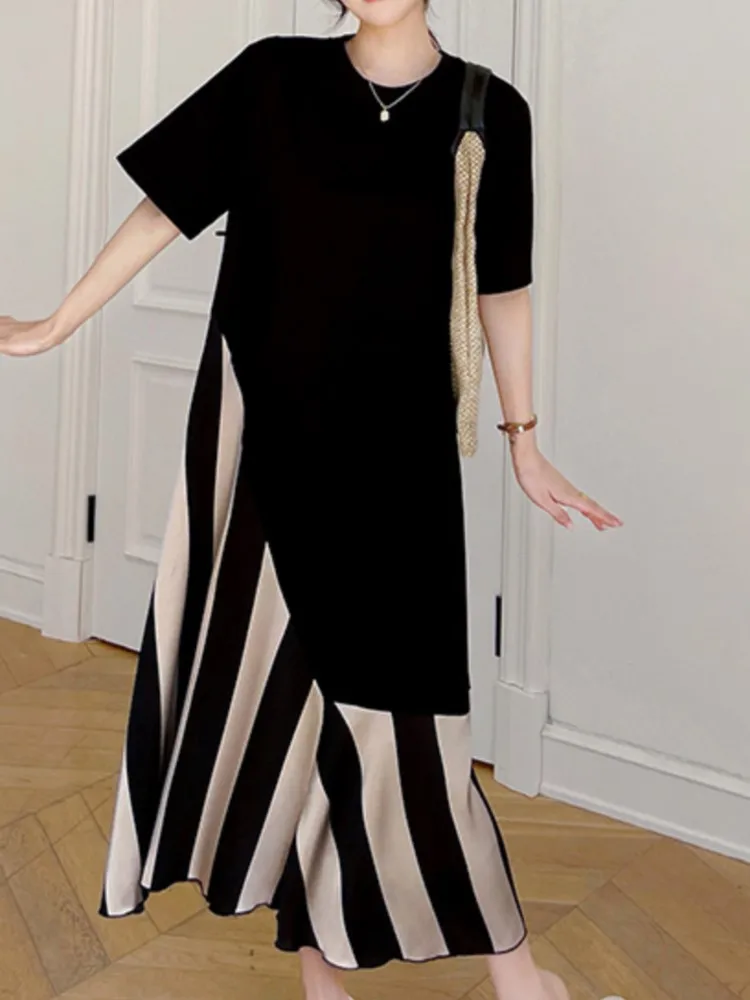 Abito estivo T-shirt a righe patchwork nero Nuovo abito vintage a contrasto con o-collo allentato Moda elegante abbigliamento donna Abiti