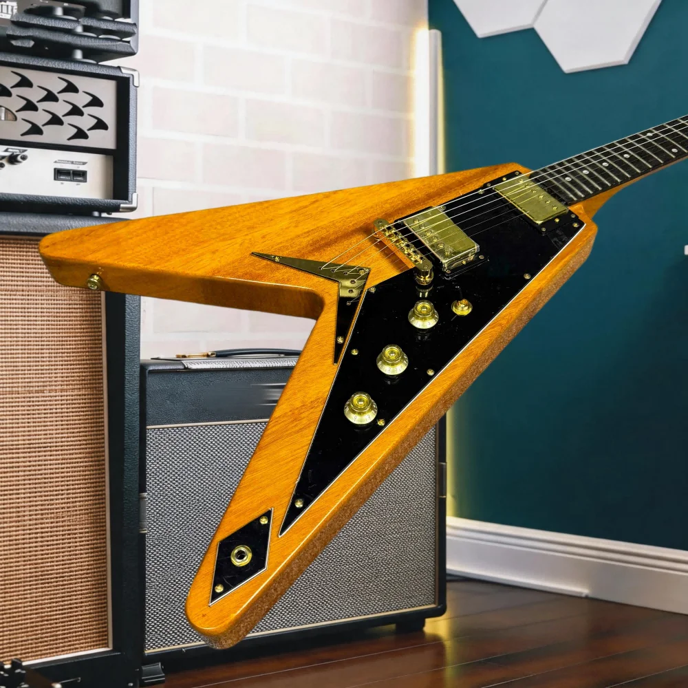 Vintage 1958 Flying V Style Electric Guitar Natural Korina Wood Finish Dual Humbuckers, Michael Schenker Inspired Classic V view 5