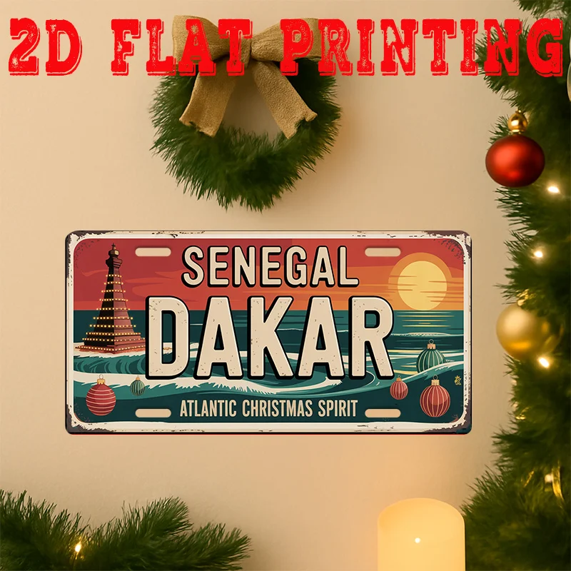 Senegal Dakar Atlantic Christmas Spirit 2D Flat Printing License Plate Style Metal Tin Sign, Festive Coastal Lighthouse Themed D