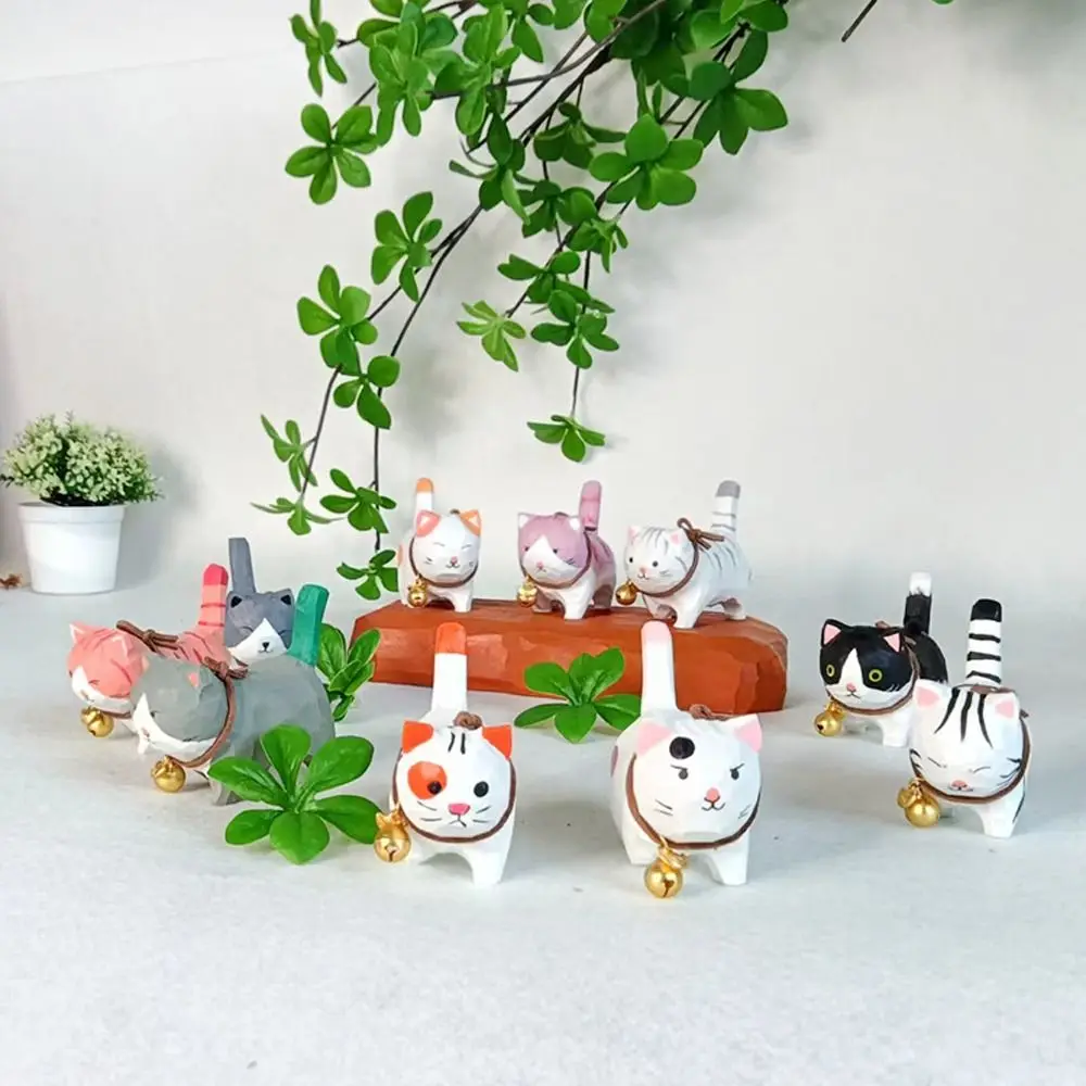 Bell Cat Wood Carving Cat Ornament Handmade Solid Wood Painted Cartoon Cat Sculpture Cute Simple Style