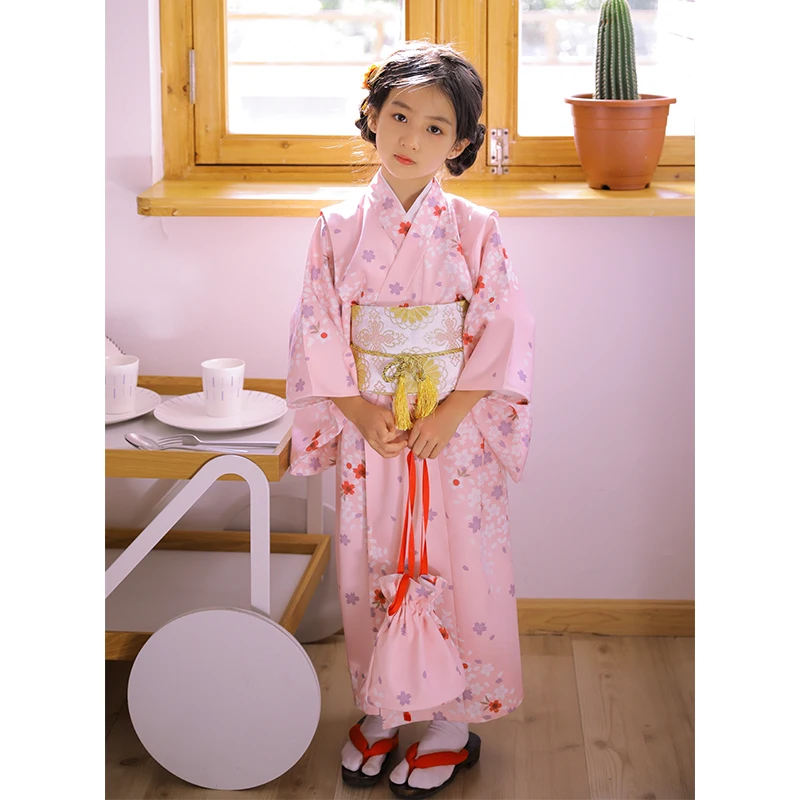 2025 Japanese Children's Kimono Bathrobe Girl's Performance Suit Kimono Only No Belt Printed Flower Kimono Dress Costume ZE418