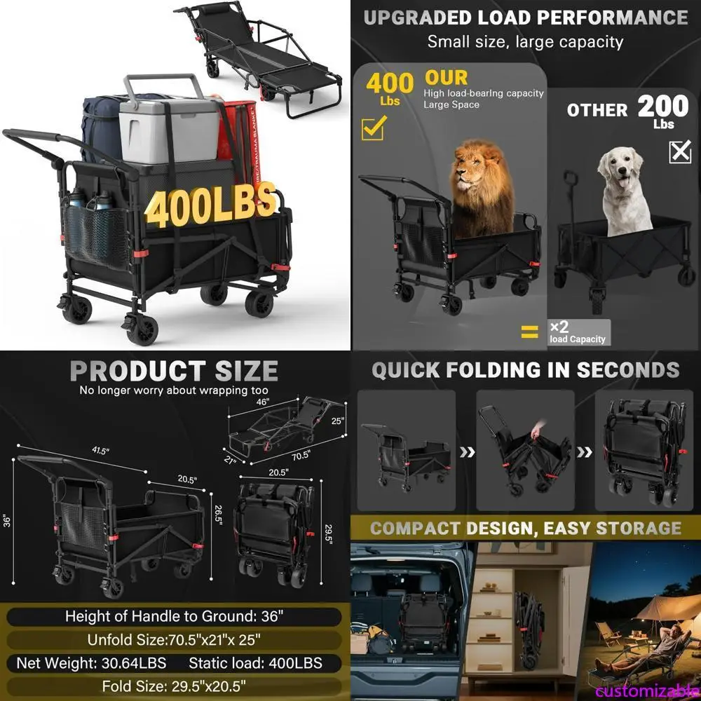 

All-Terrain Heavy-Duty Folding Cart with 400lb Load Capacity, Collapsible Design, Brakes, and Side Pockets in Black