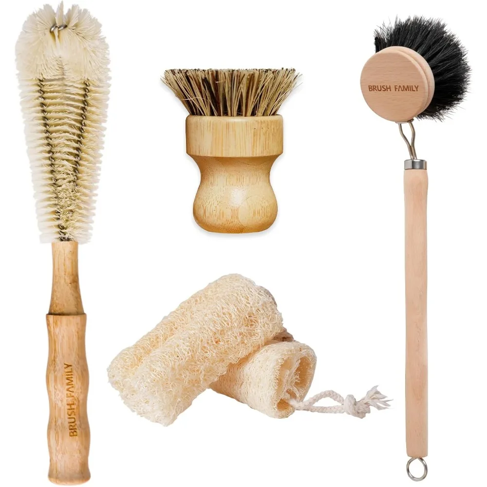 

Набор бамбуковых кистей для мытья посуды из 5 предметов с натуральной губкой из лофы, экологически чистая кисть для мытья посуды, деревянная кисть для мытья посуды, щетка для ладони для п
