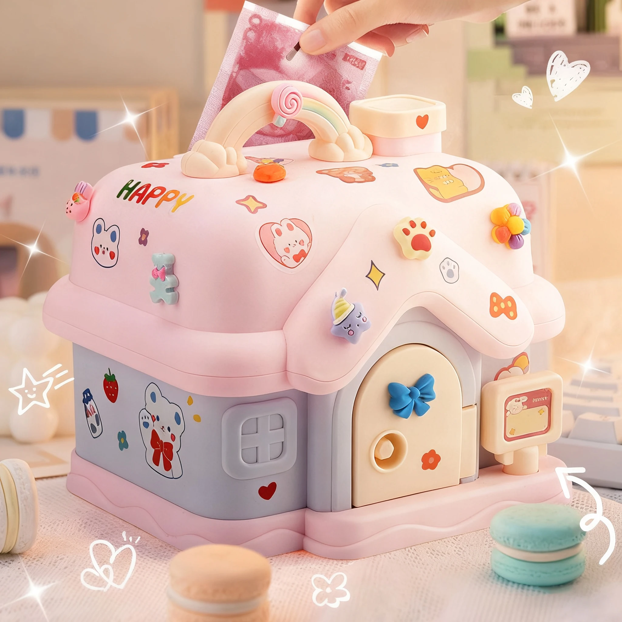 صندوق نقود قابل للقفل مع مفتاح، ملصقات PVC بتصميم عشوائي، بنك التوفير للأطفال، حصالة على شكل حيوان للنقود والعملات المعدنية