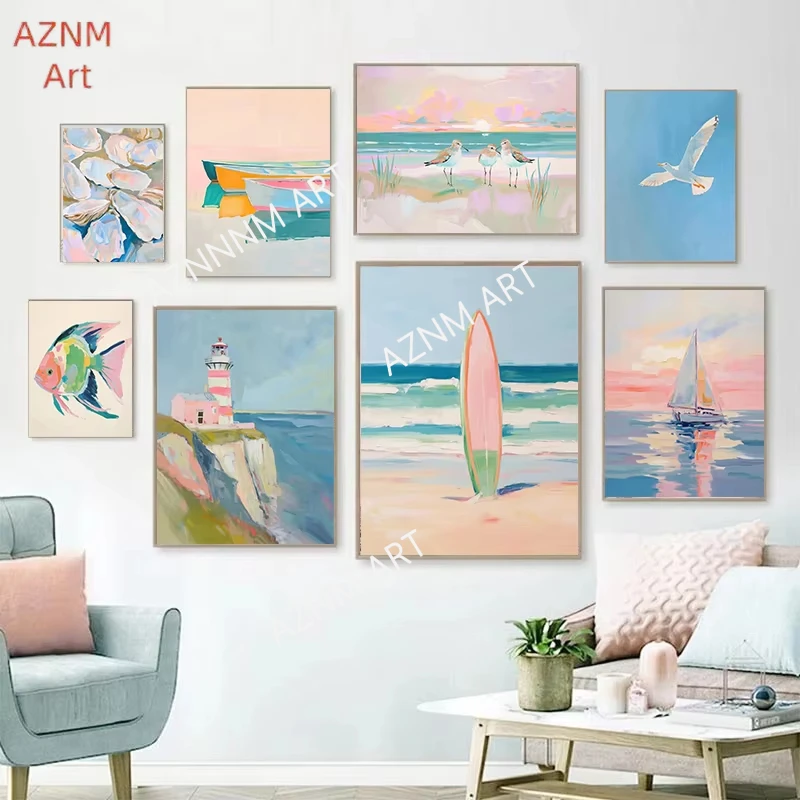 Tropischer Strand Palme Segeln Leuchtturm Surfen Rosa Sonnenuntergang Poster Wandkunst Leinwand Gemälde Bild für Wohnzimmer Home Decor