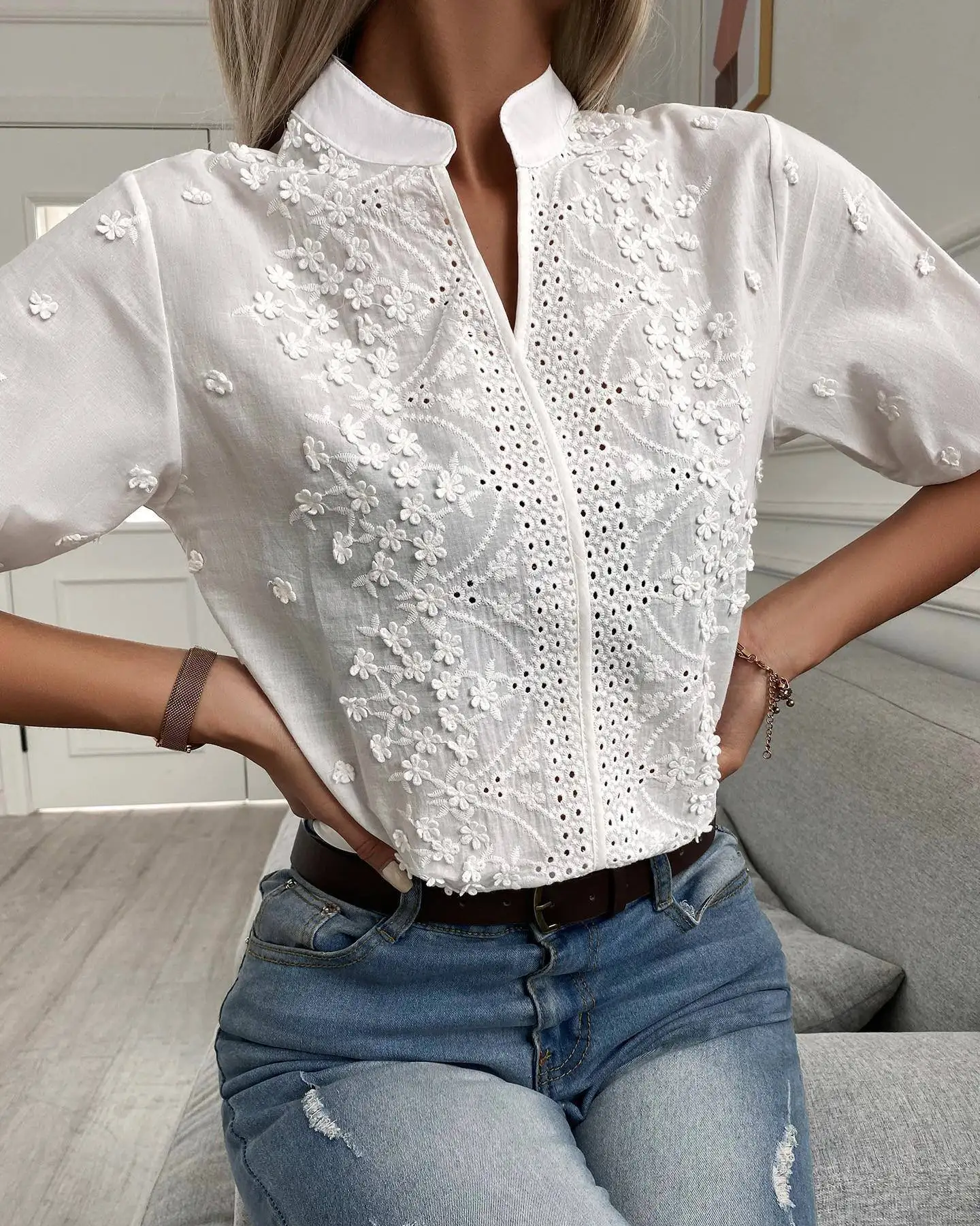 2026 Summer Wish Women's New V-neck Stand Collar Embroidered Lace Top Shirt Short Sleeve Deformable Other Material 100%