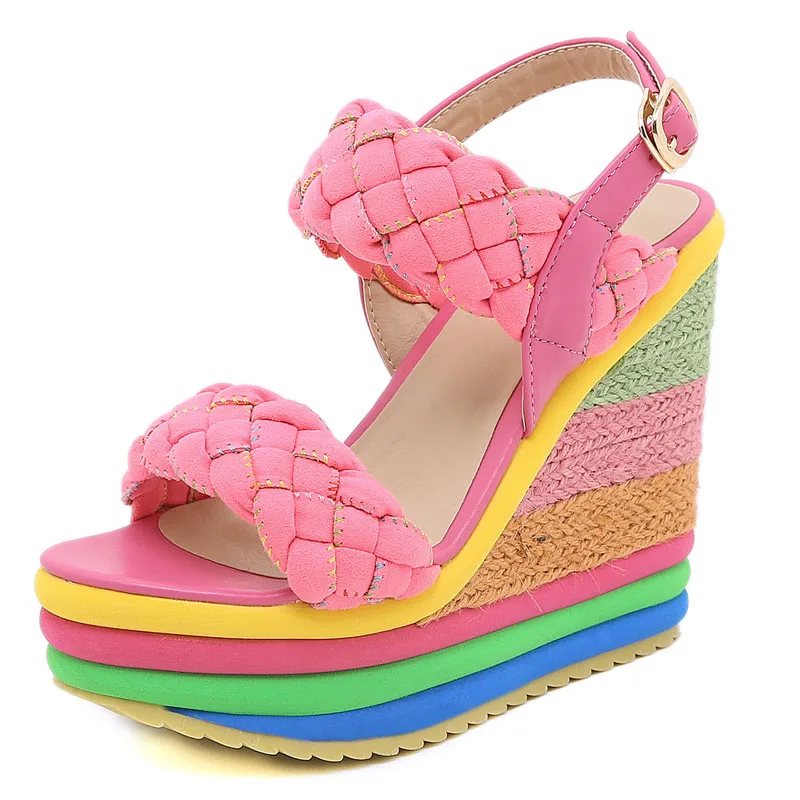 Platform Women Shoes Summer Gladiator Sandals Hemp Rainbow Wedge High Heel Shoes Women Custom Candy Color Weave Sandals WSH4564