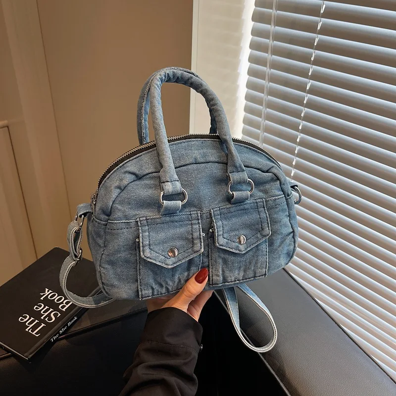 Wear-resistant washed denim fabric women's American-style double shoulder bag distressed handbag crossbody bag