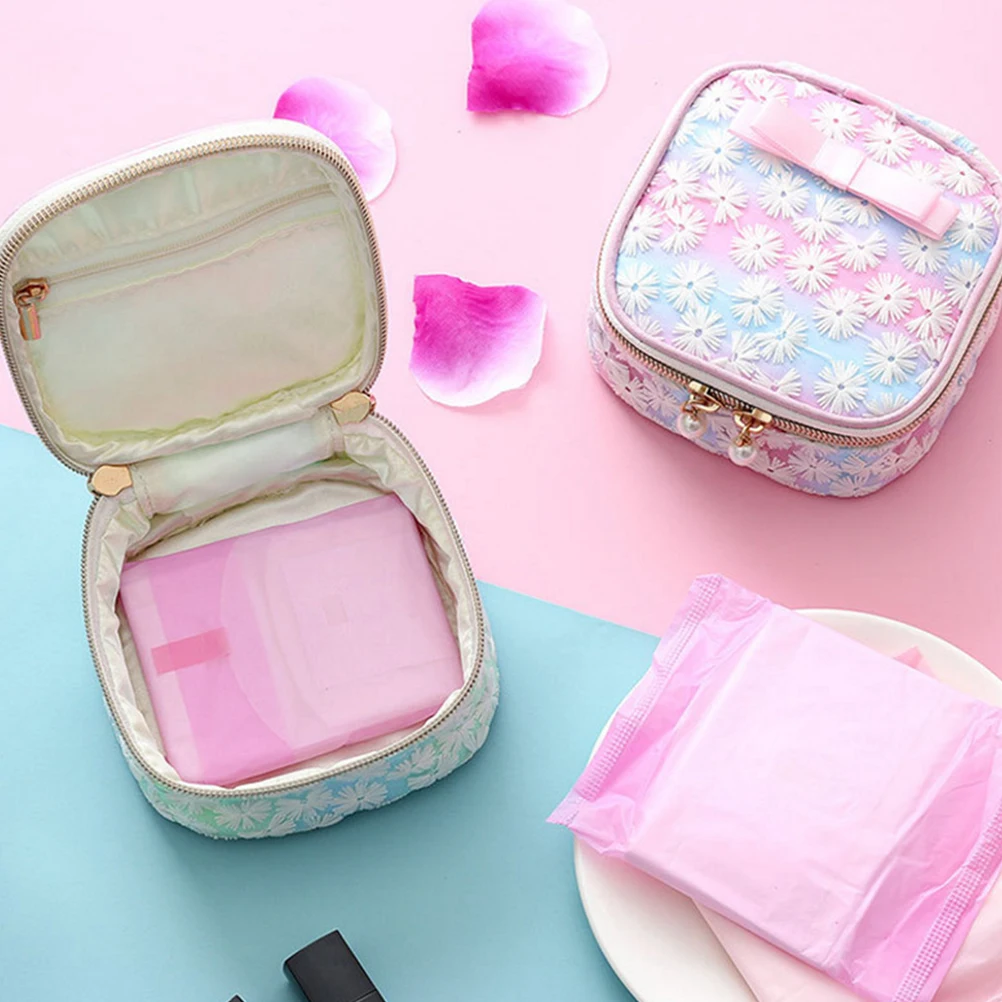 

Sanitary Napkin Storage Bag Mesh Embroidered Gradient Pink Square Organizer Pouch Zipper Outdoor Travel Office