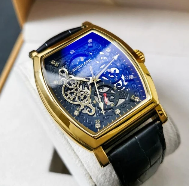 2024 New Men's Mechanical Watch with Hollow Bottom and Waterproof Luminous Genuine Leather Butterfly Buckle Multi functional