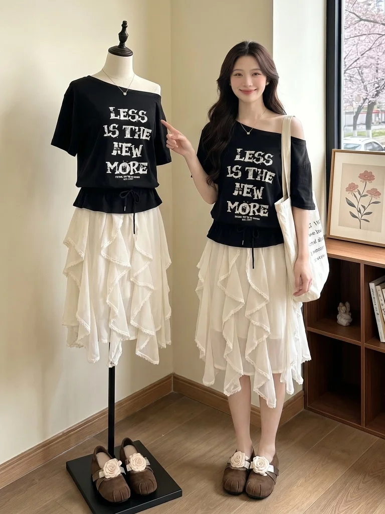 plus Size Women's Summer Fashion Set Black Short Sleeve Cake Skirt Two Piece Suite Korean Style Slimming Effect Casual Wear