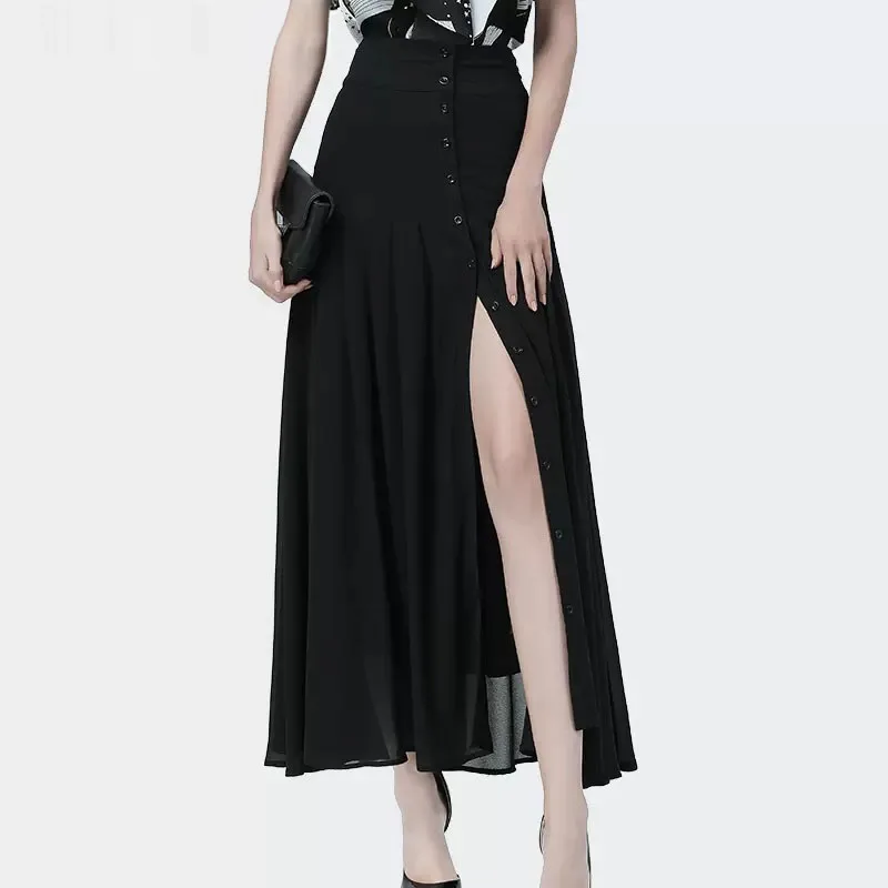 

Fashion Front Button Black Skirt For Women High Waist Long Summer Skirt Women Sexy Slit Party Chiffon Faldas Mujer Saias Jupe