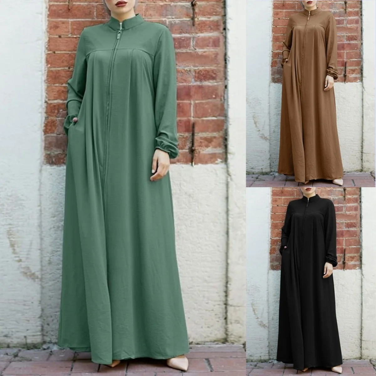 Vestidos Abaya tradicionales de Dubái para mujer, vestidos largos con bolsillos, ropa islámica, moda musulmana, cuello alto con cremallera, largo