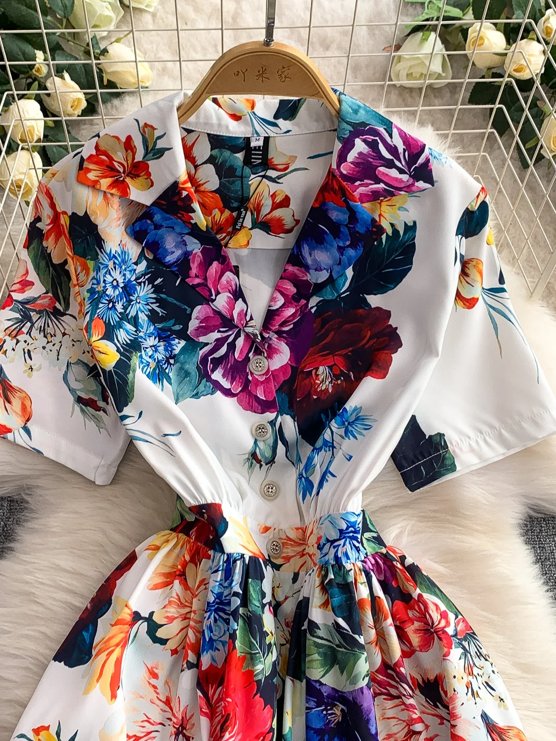 Vaion Sle بدلة مطبوعة طوق Dr المرأة ربيع الخريف زر عالية الخصر التخسيس تنورة طويلة النسخة الكورية ميدي الدكتور