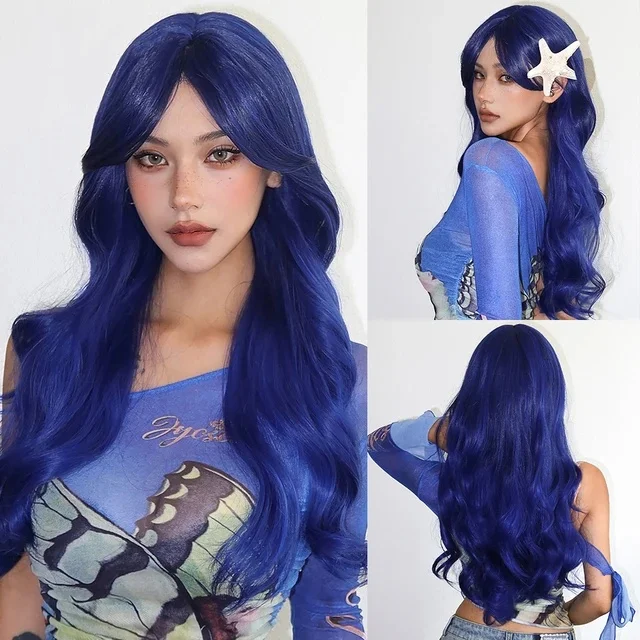 Allbell Magique Blaue Haarperücke mit Pony, lange gewellte synthetische Perücke, babyblaue lockige Perücke für Frauen, täglicher Partygebrauch, hitzebeständig – Detail 11