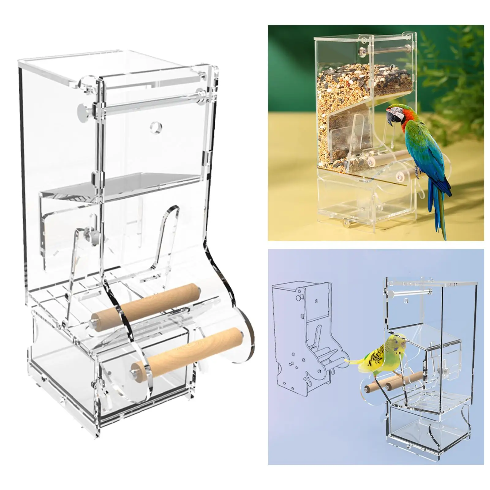 No Mess Bird Feeder Cage Hanging Food Dish Acrylic with Perch Pet Feeder for Lovebirds Canaries Conure Small to Medium Birds