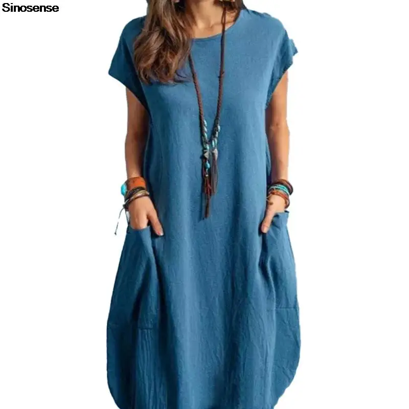 Womens Oversize Casual Midi Dress With Pockets Solid Color Short Sleeve O Neck Loose Swing Tunic Dress Cotton Linen Summer Dress