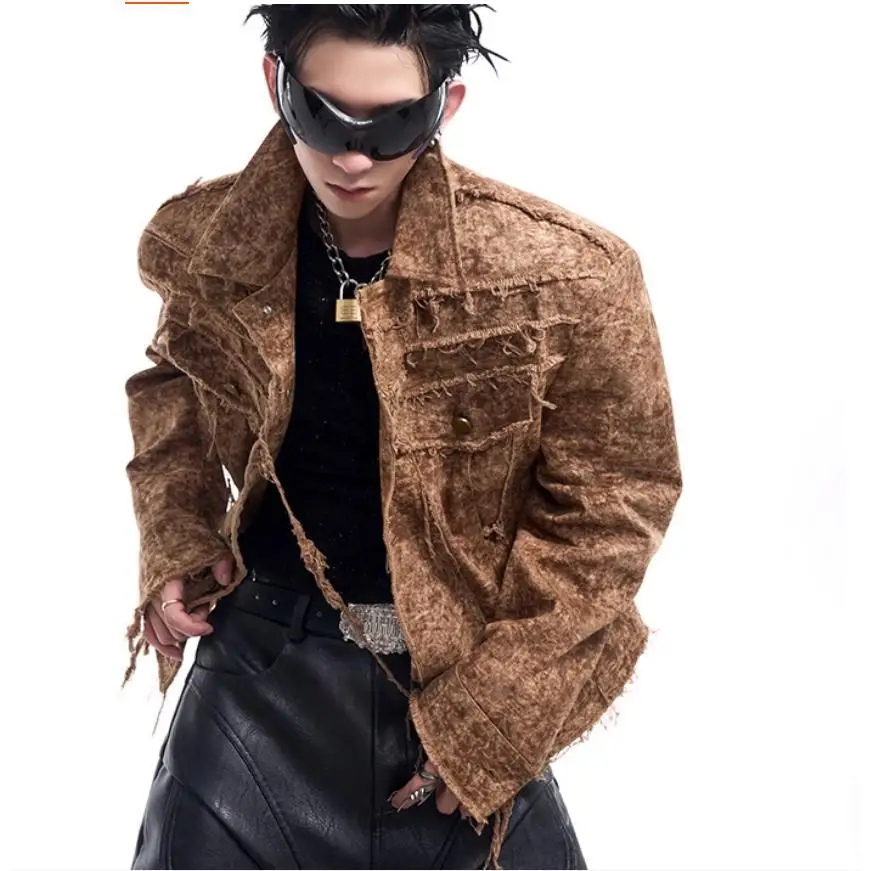 Edge Design Men's Autumn Frayed Denim Jacket Vintage Streetwear Young Boy Tops New Trendy Male Long Sleeves Distressed Coat