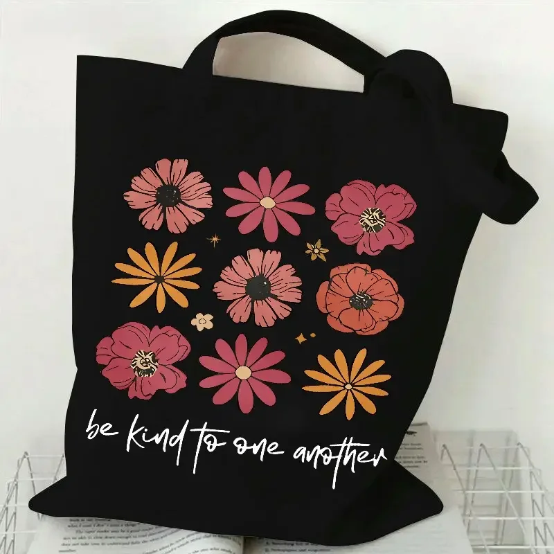 

Floral Tote Bag with Be Kind To One Another Quote Shoulder Bag for Women Shopping Bag Large Capacity Handbag for Everyday Use