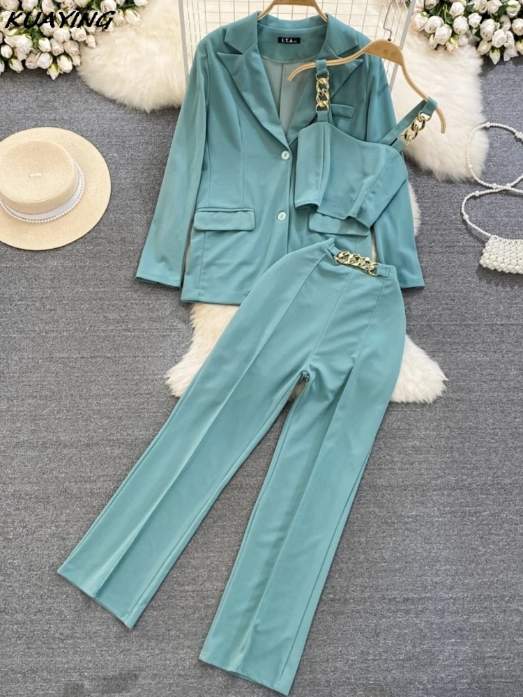 Korean Fashion Women Pantsuits Vintage Blazer Jackets Spaghetti Strap Vest Straight Pants 3 Pieces Set Female Formal Outfits New