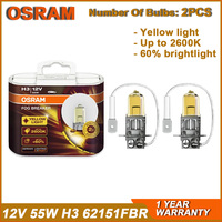 OSRAM FOG BREAKER H3 62151FBR Pk22s Headlight 12V 55W 2600K +200% Yellow Fog Light +60% Bright Car Halogen Lamps (Pair)