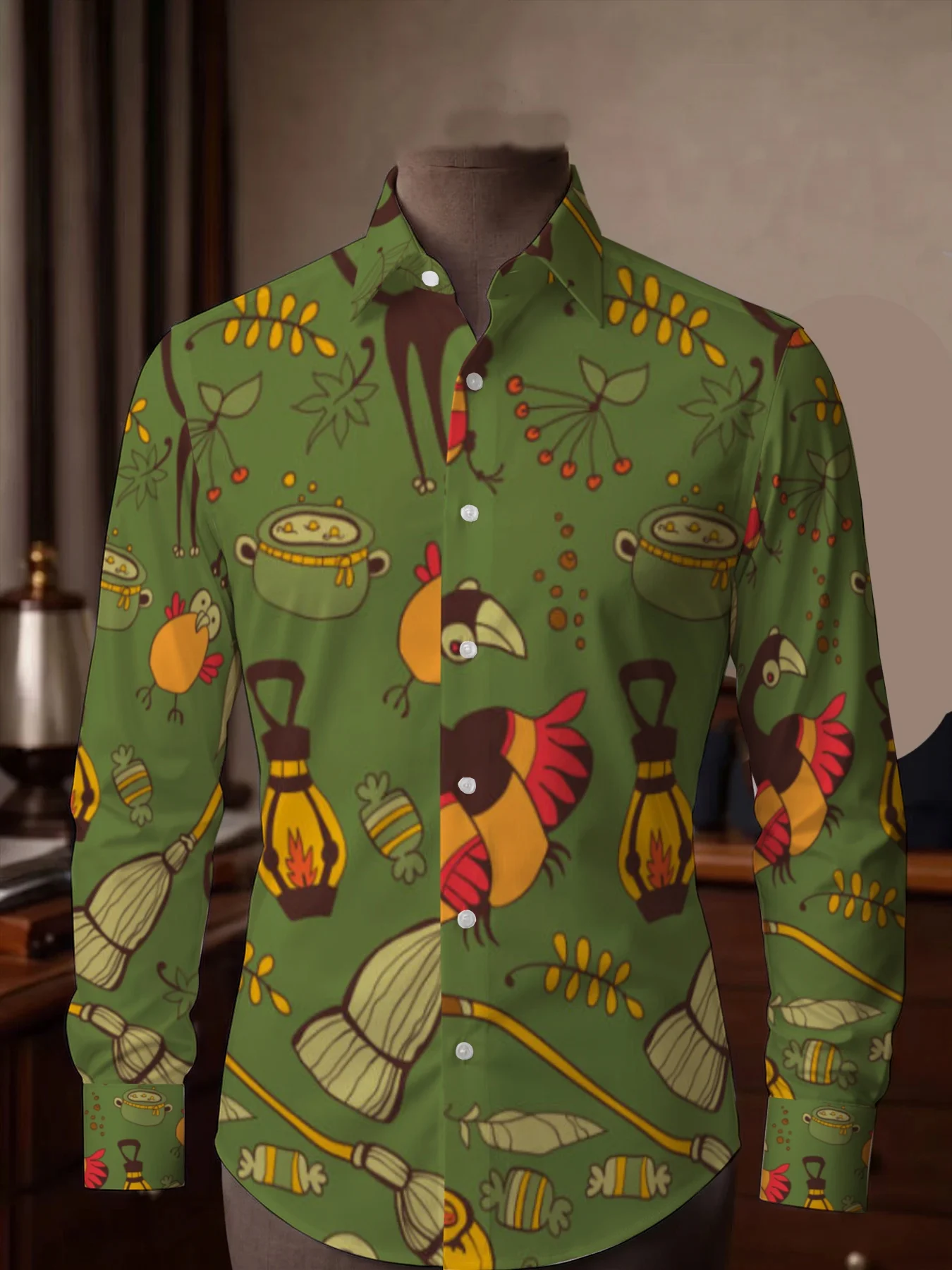 Men Long Sleeve Button Down Shirt Green Thanksgiving Turkey Corn Lantern Print Polyester Lapel Collar Holiday