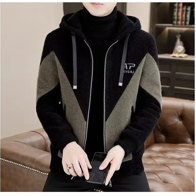 

2023 Autumn Winter Men's Hooded Woolen Coat High End Casual Trench Coat Sli Korean Version Wear Resistant Patchwork