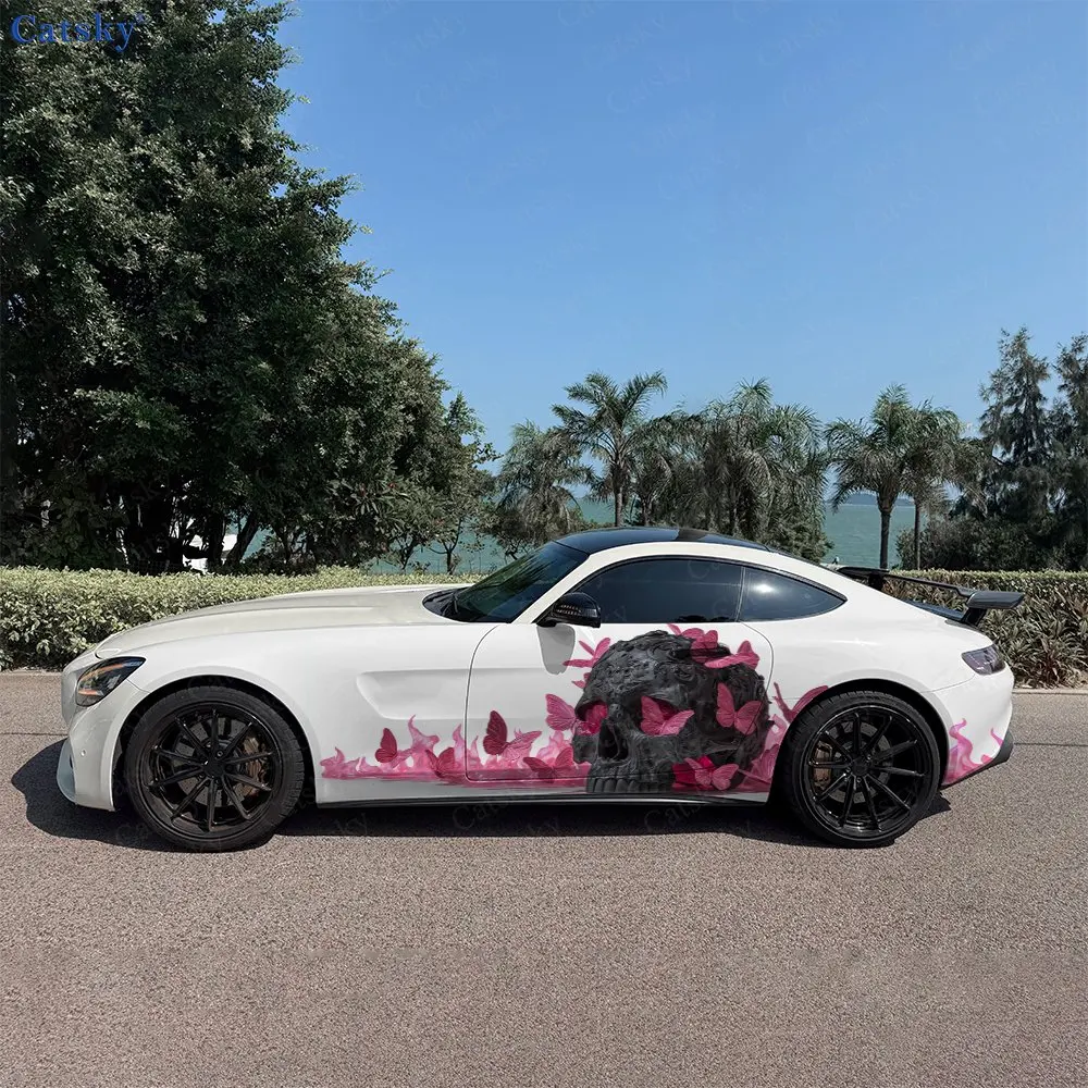 2pcs Butterfly Fallen Specter Skull Car Side Wraps, Self-Adhesive PVC Waterproof & Scratch-Resistant Sticker, Car Accessory Gift