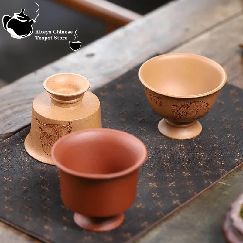 Yixing Creative Purple Clay Cup Tea Tasting Cup Hand carved High footed Cup Biomimetic Master Cup Tea Set Single Cup