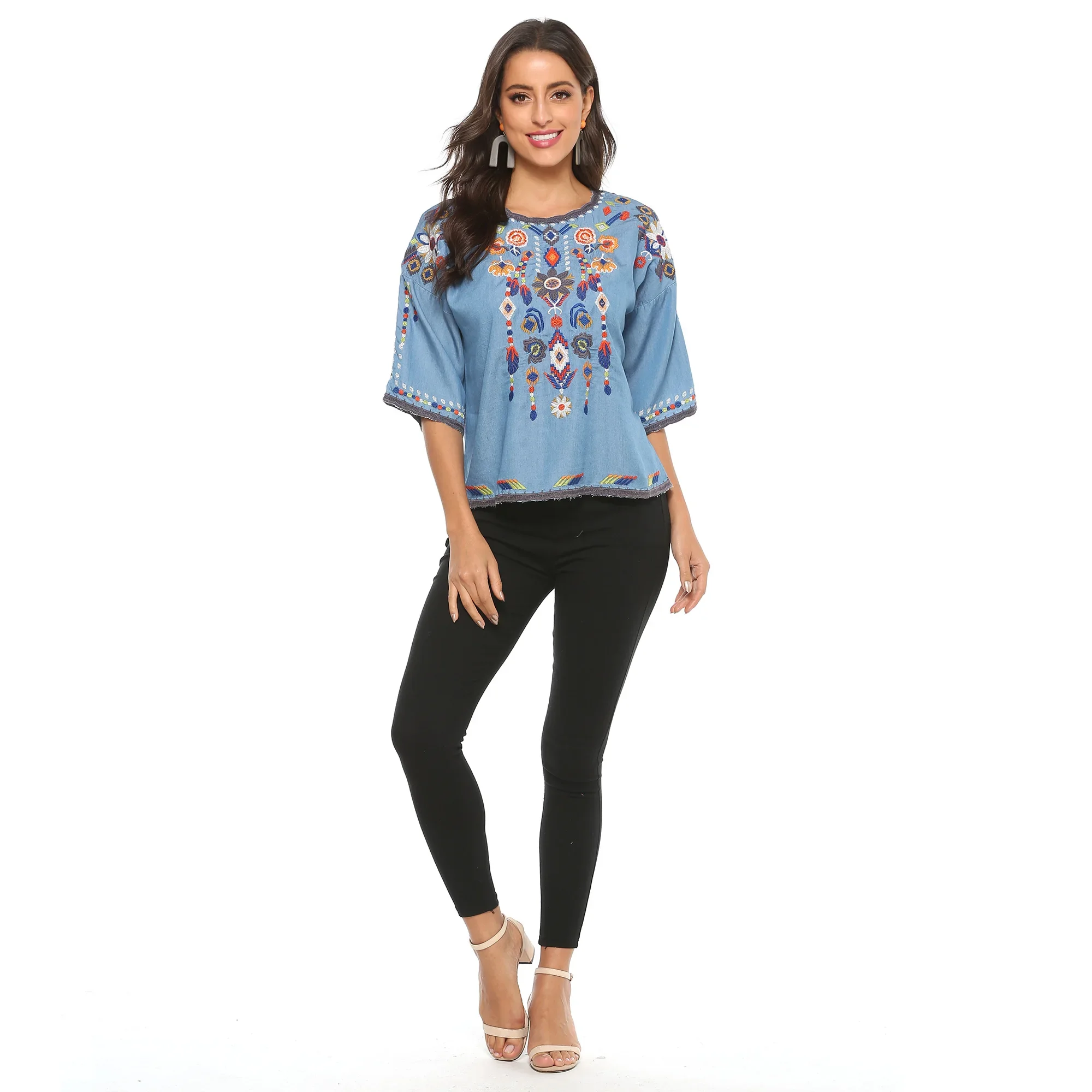 Eaeovni Women\'s Summer Boho Embroidered Mexican Shirts long Sleeve Casual Tops Blouse Denim Peasant Blouse